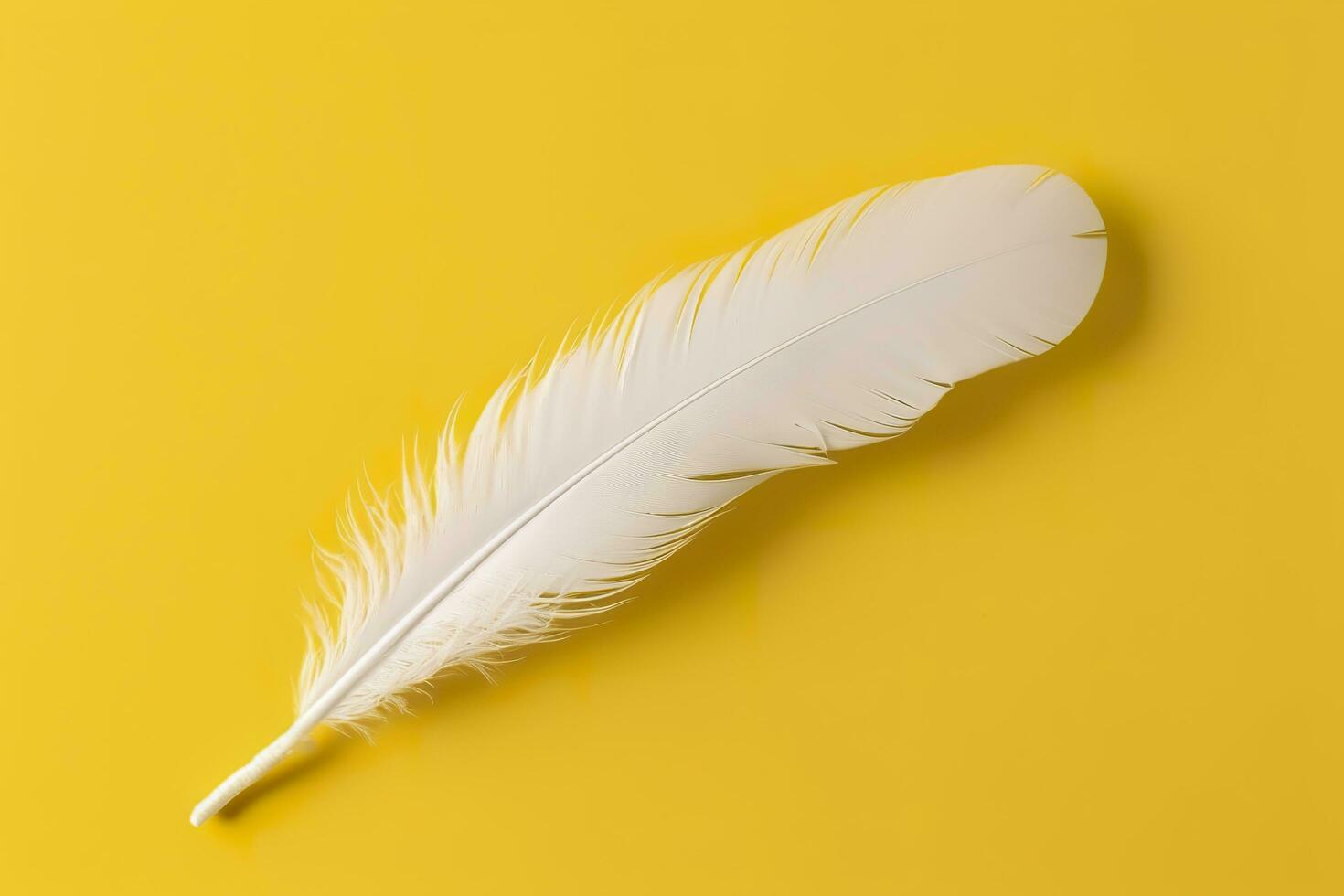 Close up of bright white feather. Copy space, yellow background. Fashion and Party concept. AI Generative photo