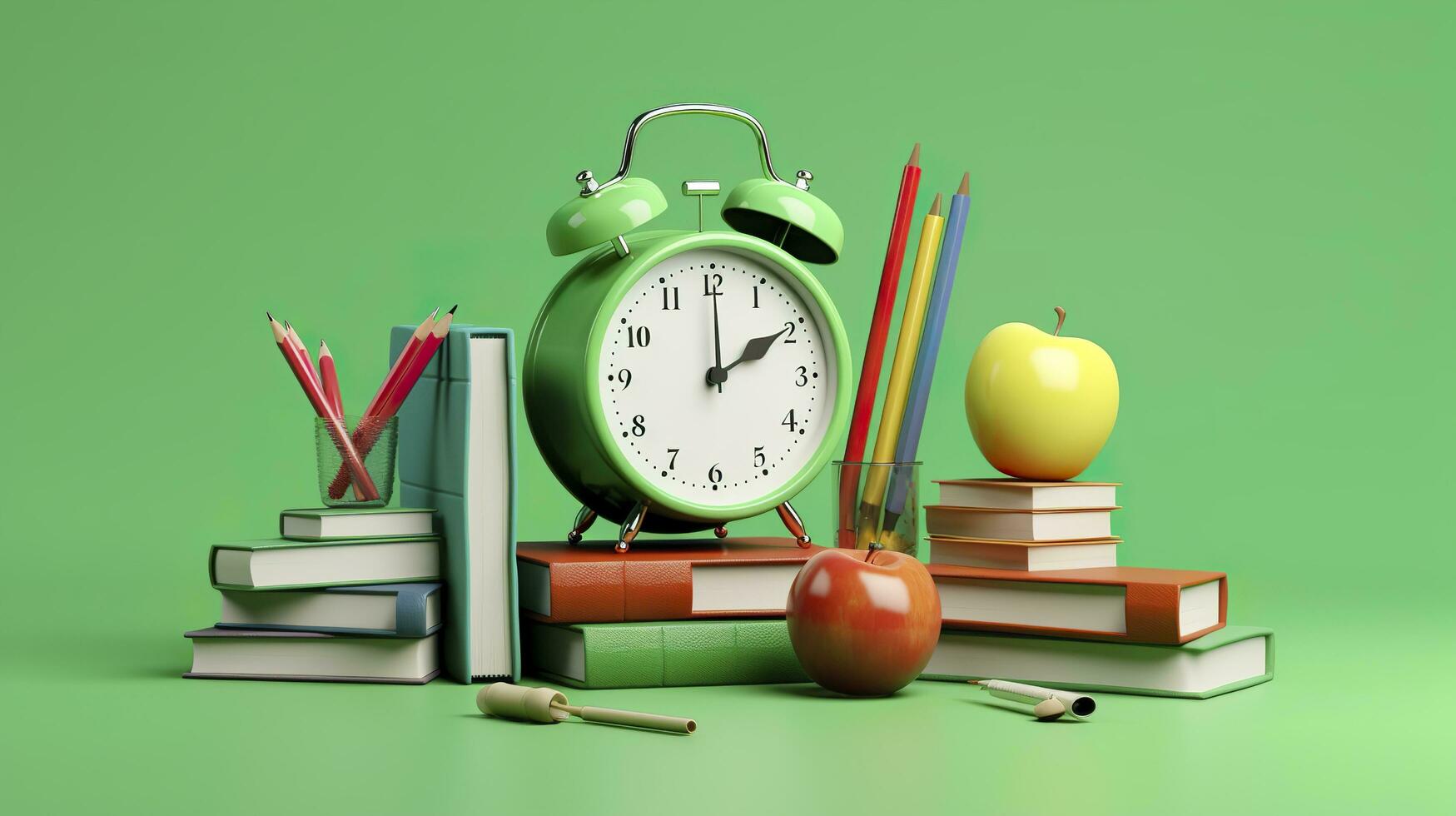 Pop art illustration of School accessories with apples, books, and an alarm clock on the School background. Back to school concept. 3D Rendering, AI Generative photo