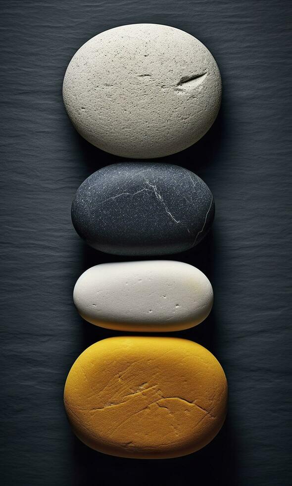 Some colorful stones are displayed, dark navy and yellow, AI Generative photo