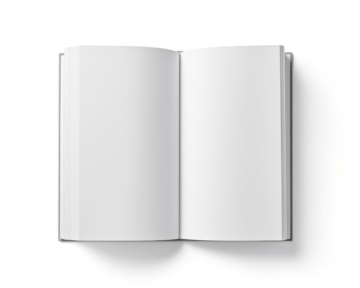 Blank opened book mockup, top view, isolated on white background. Generative AI photo