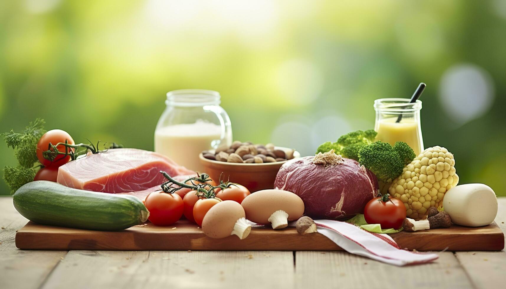 Closeup of vegetables, fruits, and meat on wooden table over green natural background. Generative AI photo