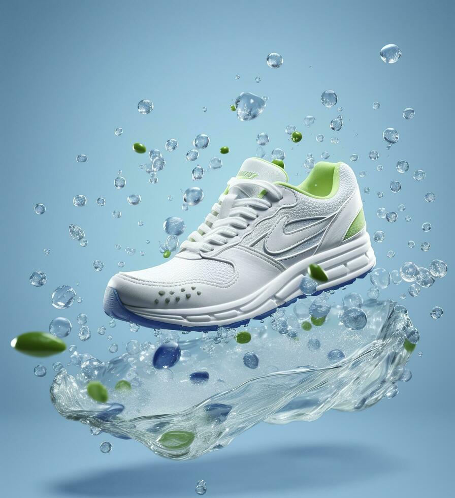 Fresh fly running shoes in water and wind in the style of natural patterns light white and light indigo ethereal illustration light blue and light green delicate still life. AI Generative photo