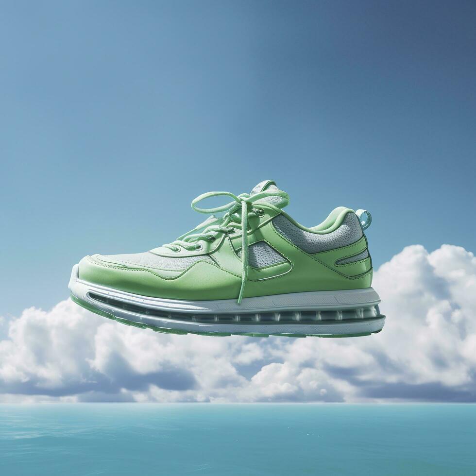 Close up  green sports shoes on a blue sea level with blue sky and white clouds bright light background. Creative advertisement. AI Generative photo