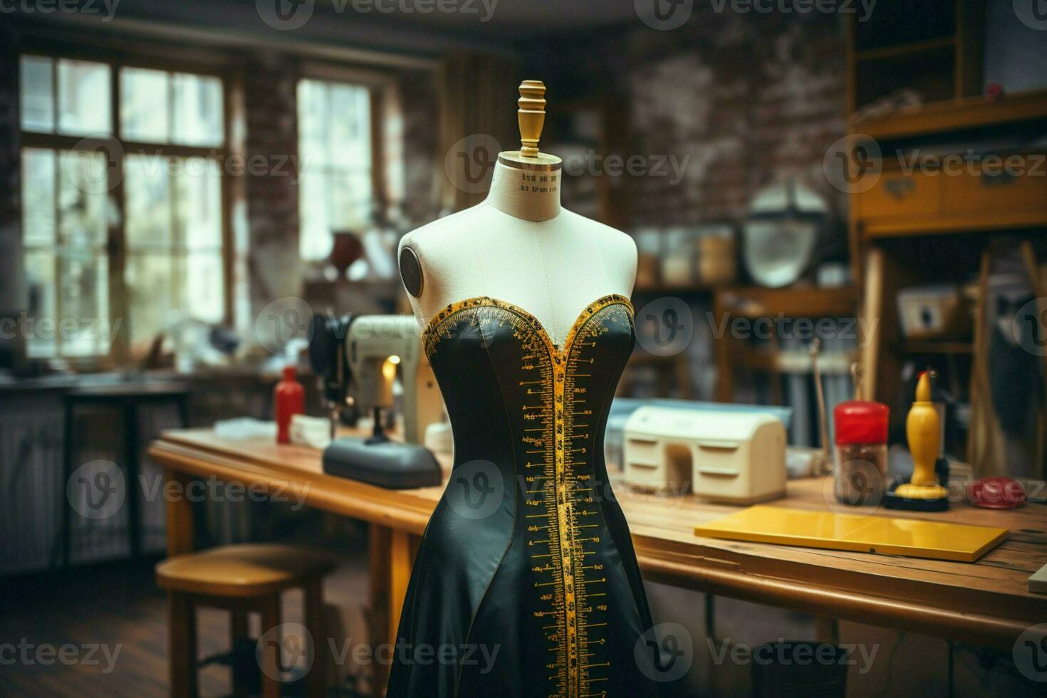 A tailors dummy adorned with measuring tapes in a bustling fashion studio AI Generated photo