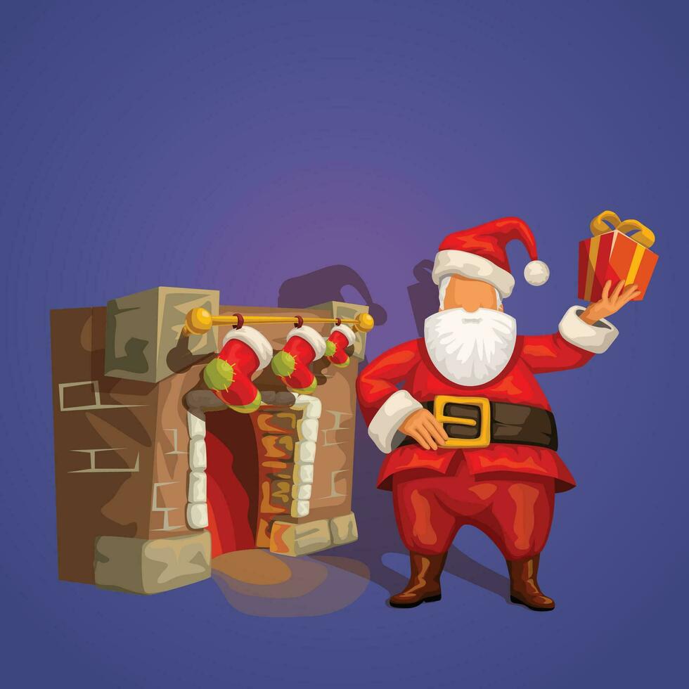 santa with present near fireplace vector