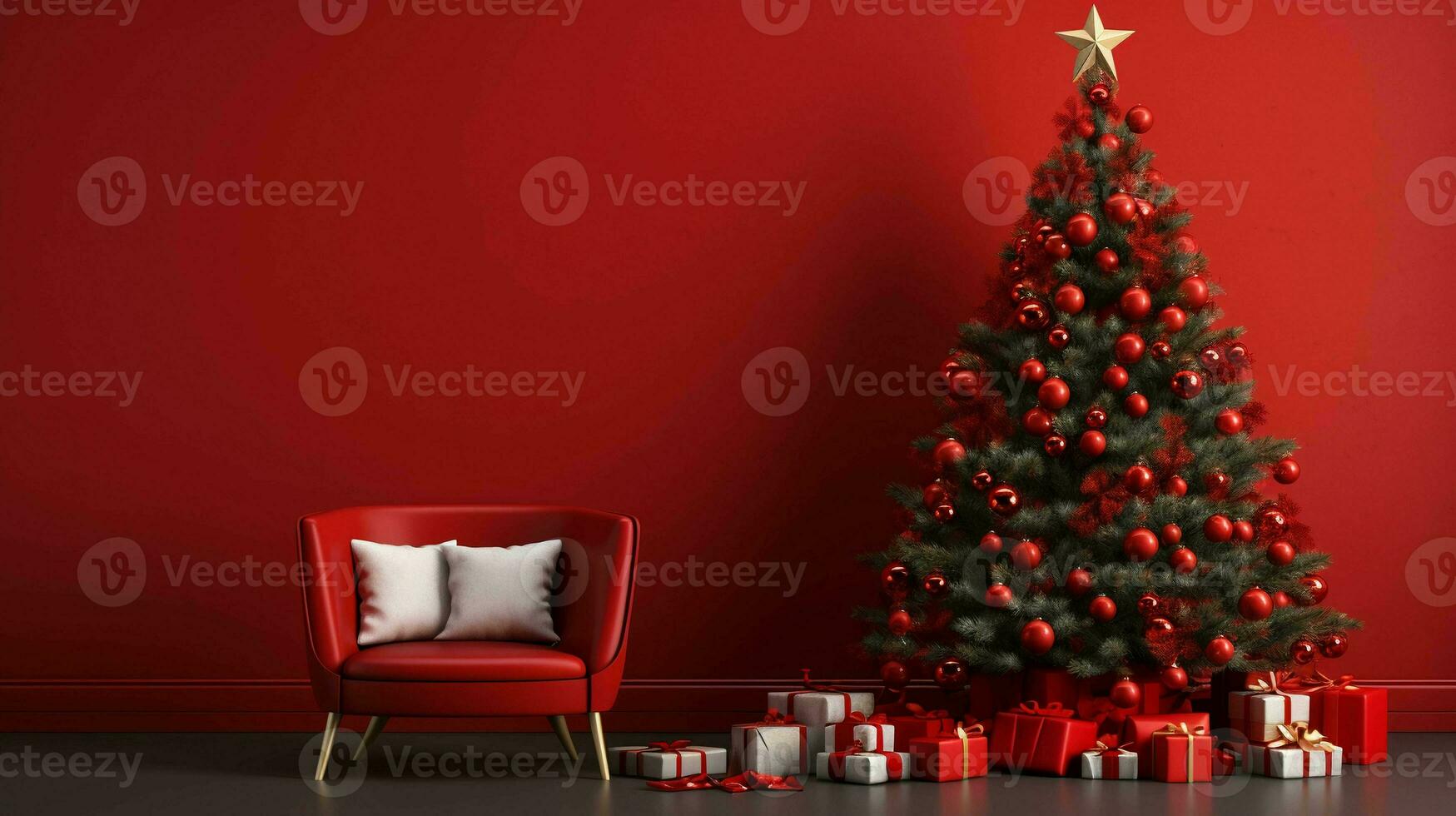 Festive Christmas Decorations and Tree. Minimalist Red Background, Joyful Holiday Atmosphere photo