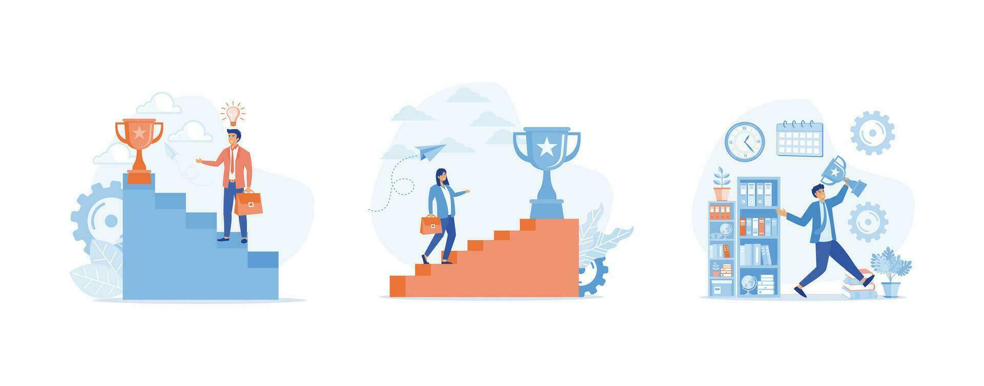 Business people holding trophy cup standing on the stair. Success and professional achievement, set flat vector modern illustration