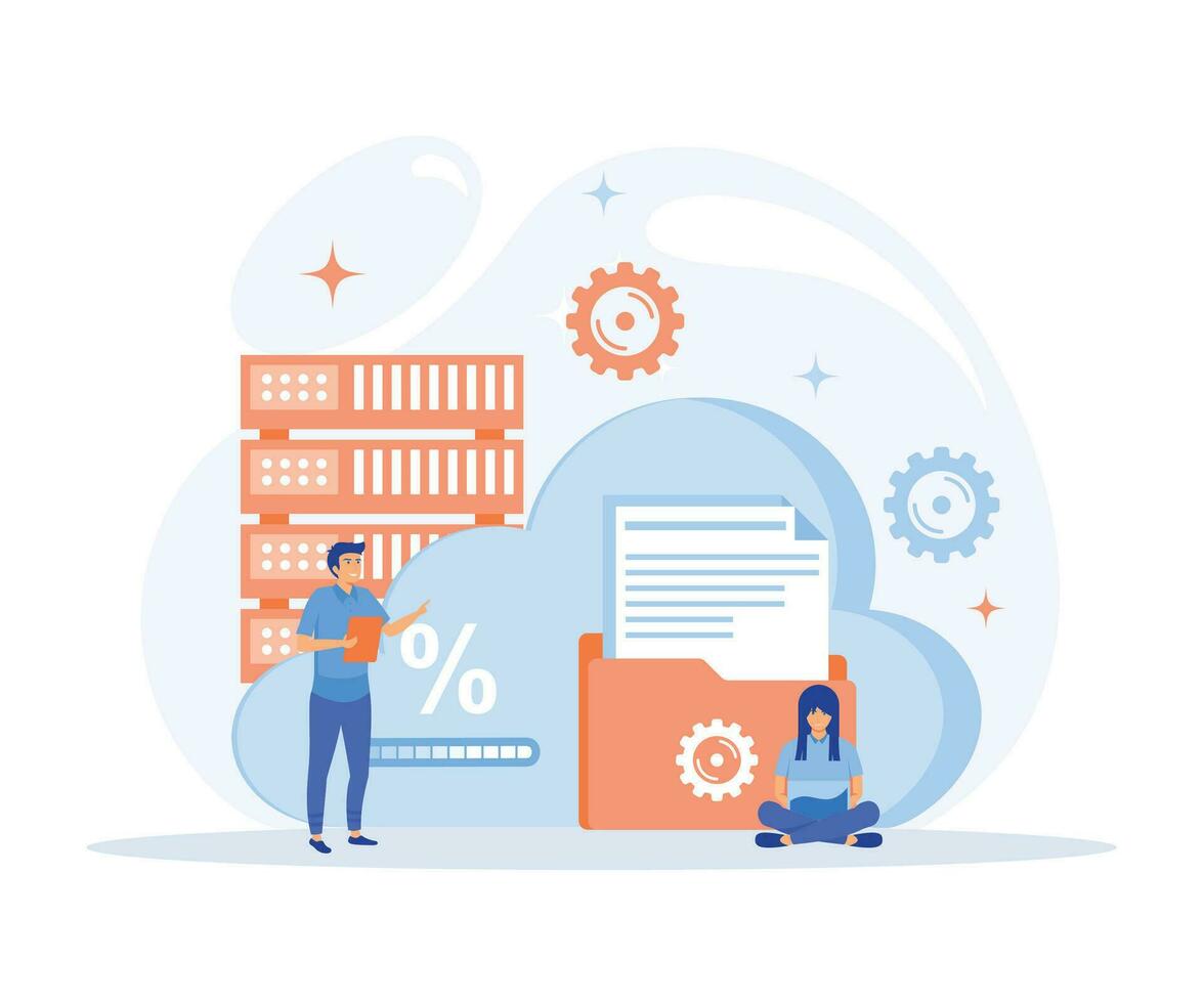 cloud computing concept, data center, file management, cloud storage, flat vector modern illustration