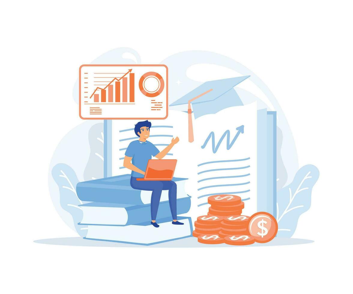 Financial education, characters investing money in education and knowledge. Personal finance management and financial literacy, flat vector modern illustration