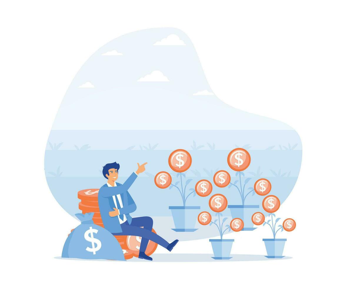 Passive income,  a man relaxes waiting for the money to enter his dollar bag. flat vector modern illustration