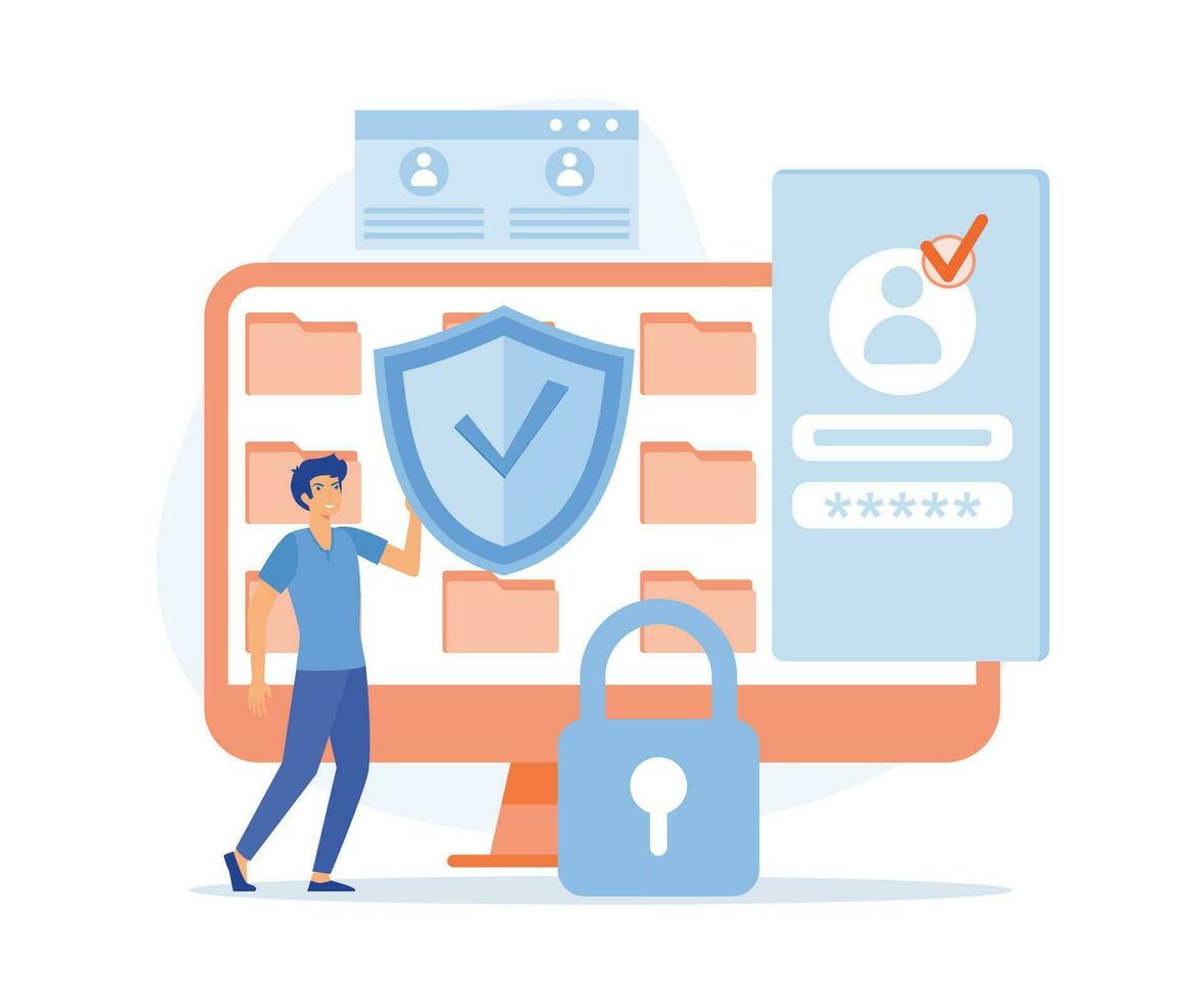 personal cyberspace data security, shield log in protection web access control,  flat vector modern illustration