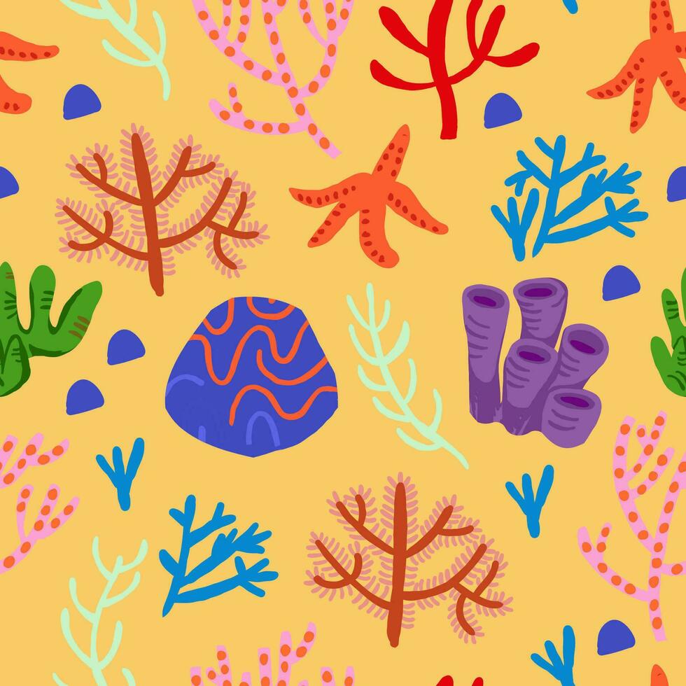 Cute vector colorful seamless pattern with red corals on orange background. Coral reef, shells, star fish.