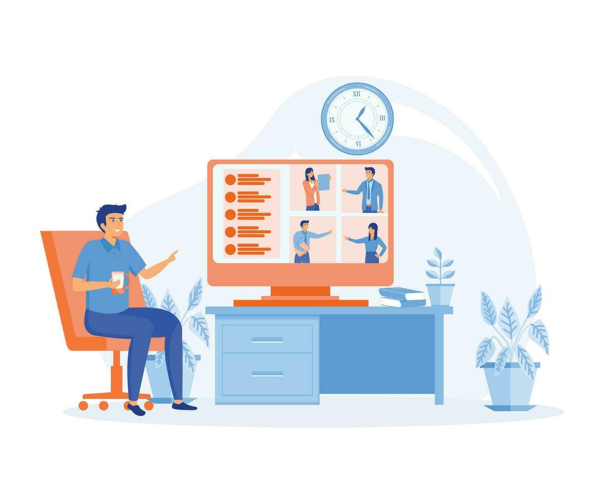 video conference, remote work, technology concept. Man at desktop chatting with friends online. flat vector modern illustration