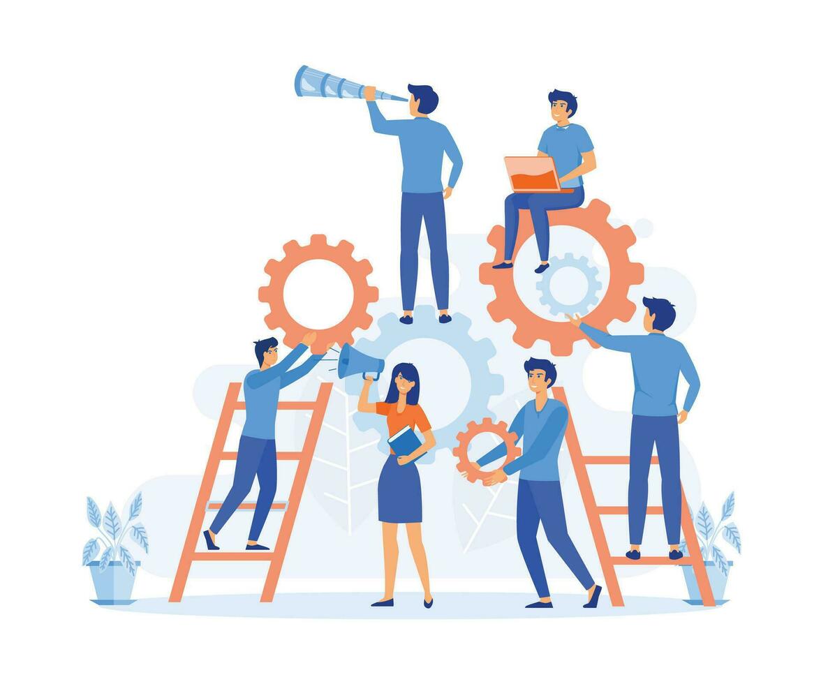 negocio o corporativo cooperación, equipo de gente de negocios trabajando con industrial engranajes o engranajes, plano vector moderno ilustración