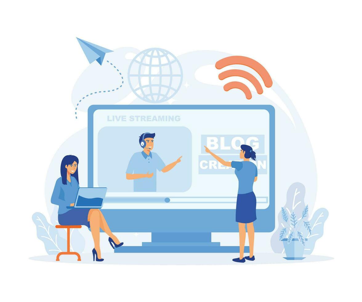 Blog Creation, Starting Personal Lifestyle V log, Live Video Streaming Channel Launch. flat vector modern illustration
