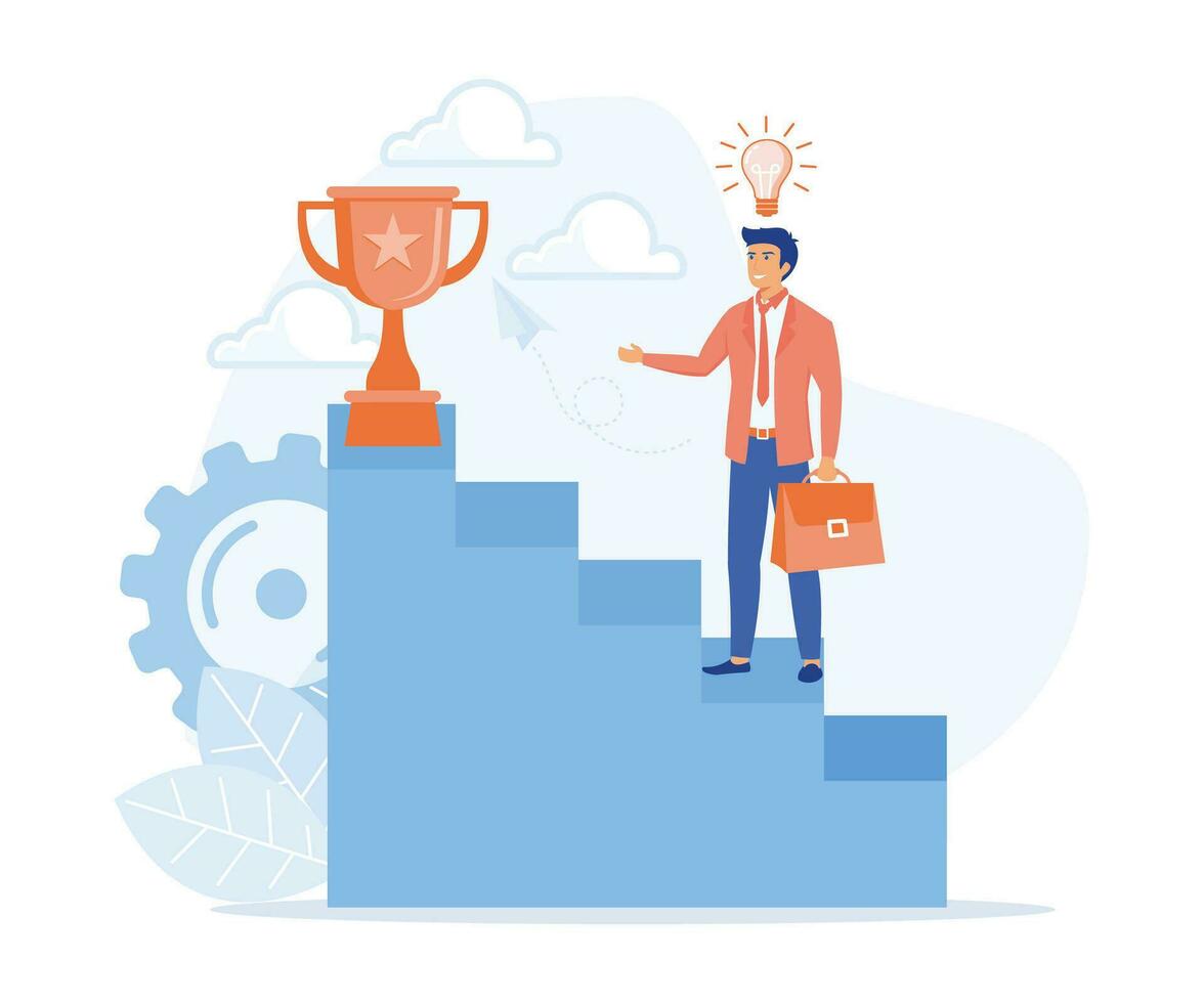 success motivation concept, Businessman holding trophy cup standing on the stair. flat vector modern illustration