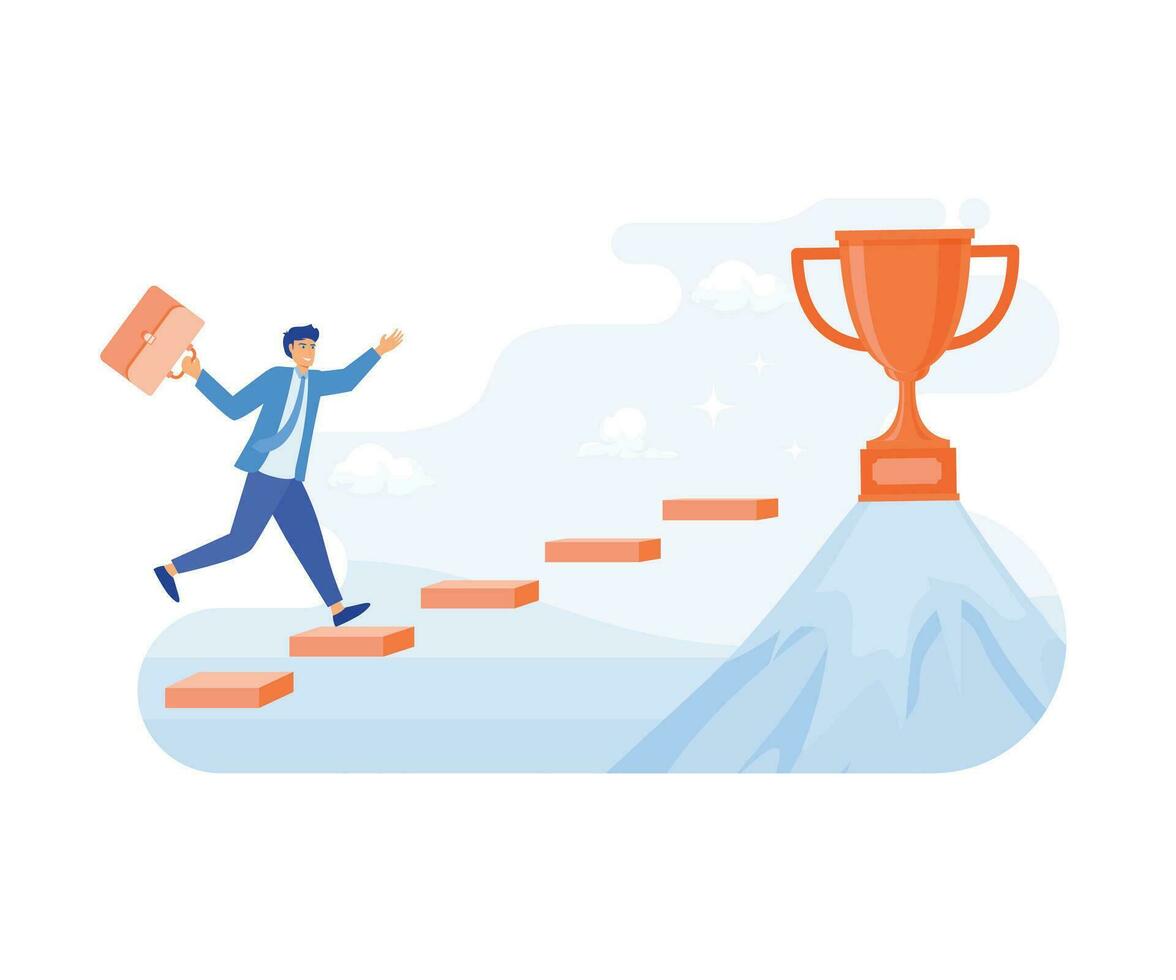 ideas start up business to success. Businessman jumping on the graph to goal.Trophies on mountain. flat vector modern illustration