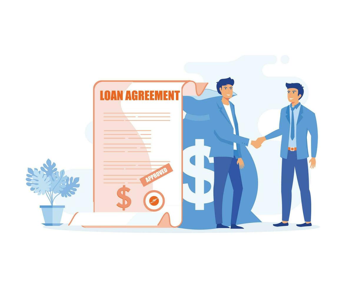 Loan agreement borrow money from bank, Businessman shaking hand with loan agreement and money bag, flat vector modern illustration