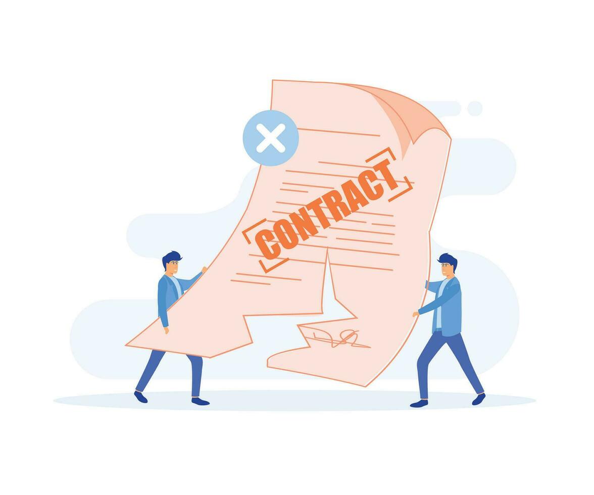 Contract Cancellation, Agreement Termination Concept. Couple of Tiny Male Characters Tearing Huge Paper Sheet with Terminated Contract. flat vector modern illustration