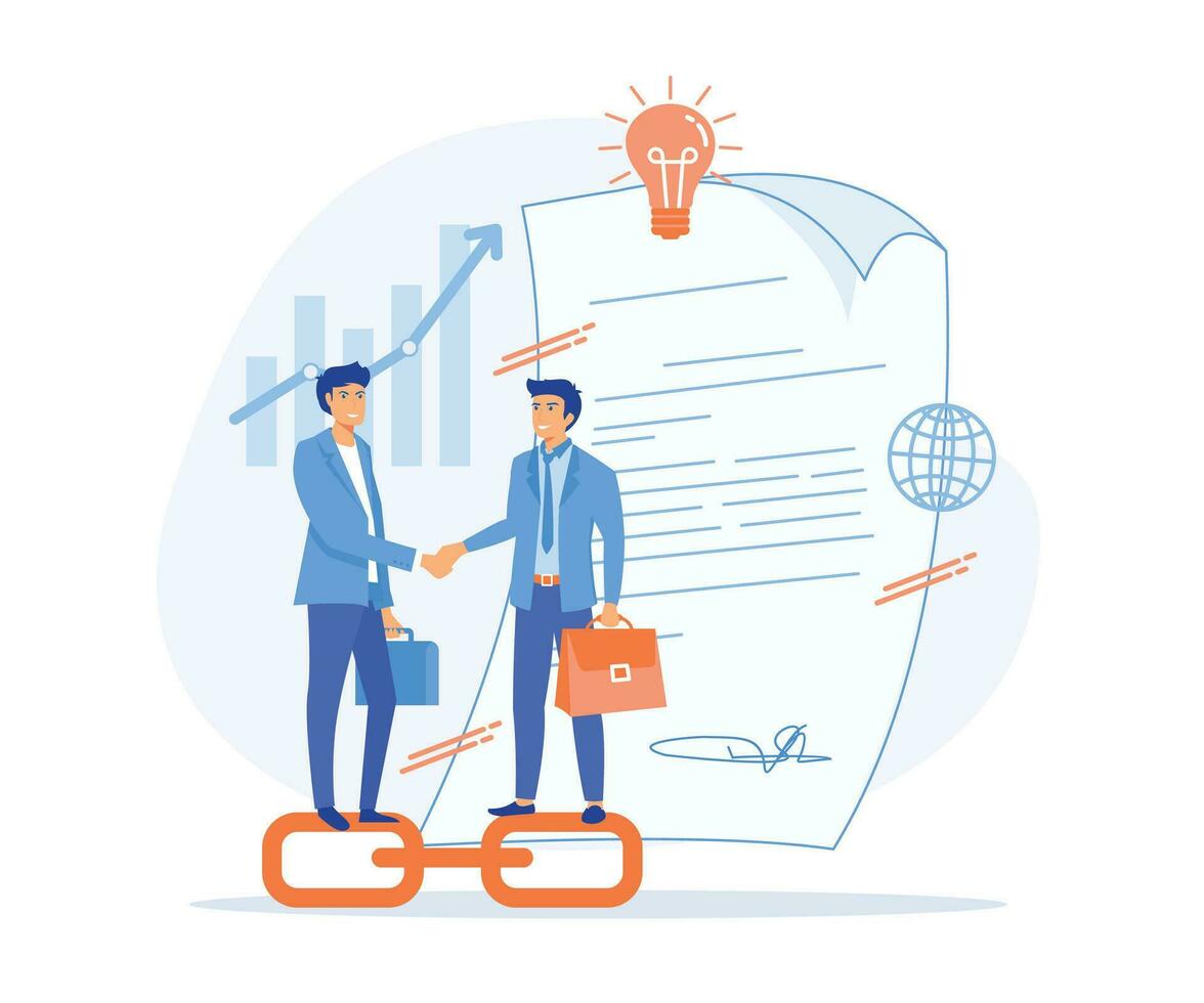 contract agreement concept, people shake hand and standing on a signed contract. flat vector modern illustration