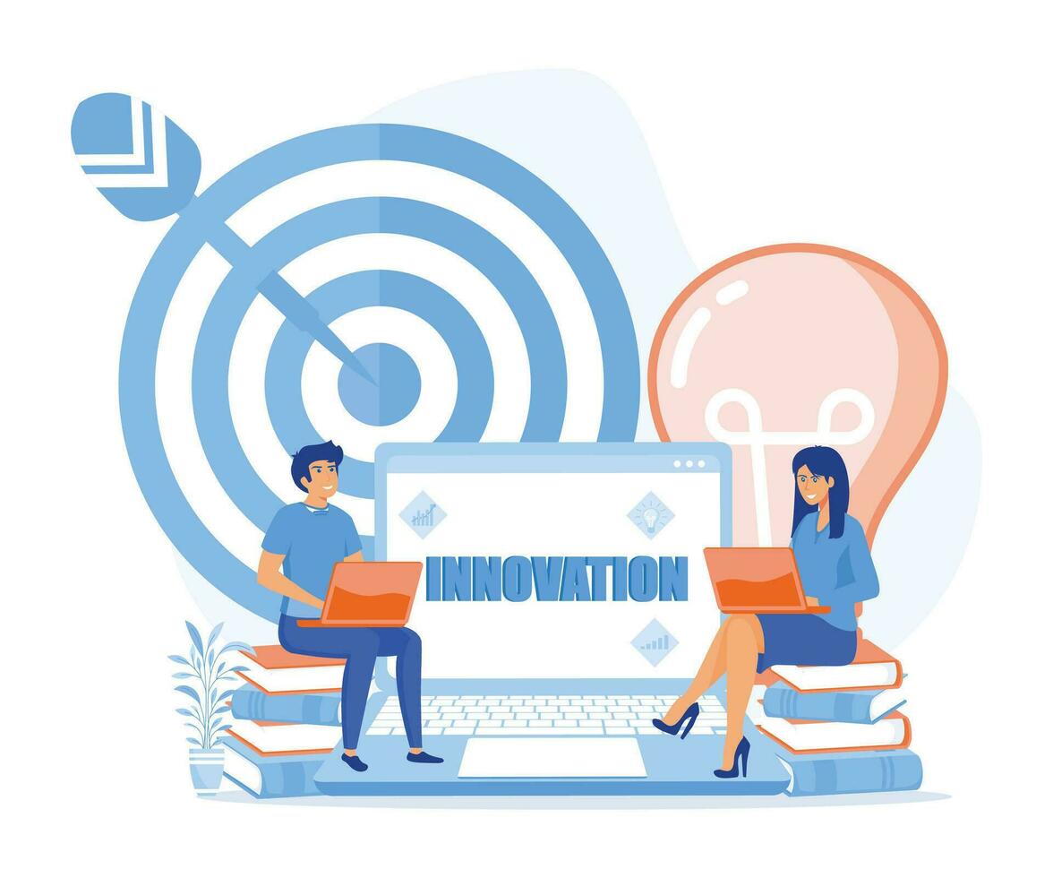 Innovation, improving career, business start concept. characters searching for new ideas and decisions rising career to success, flat vector modern illustration