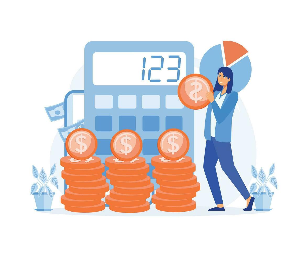Calculation, bookkeeping investment money concept,  woman with calculator counting, thinking about profit. Economic audit, flat vector modern illustration