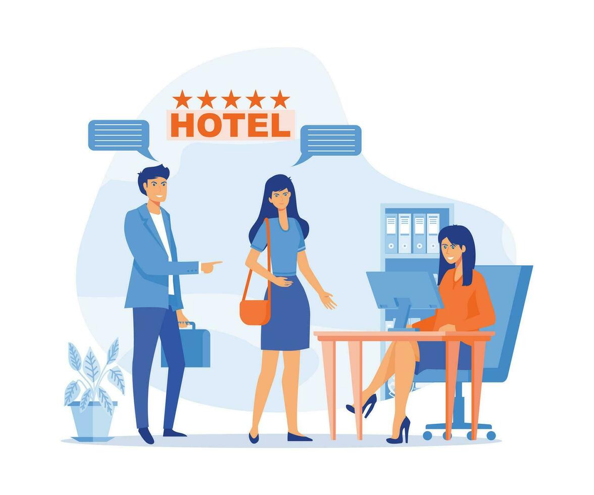 recepcionista trabajo concepto, cliente consultante gerente a recepción. turistas comprobación en a hotel, plano vector moderno ilustración