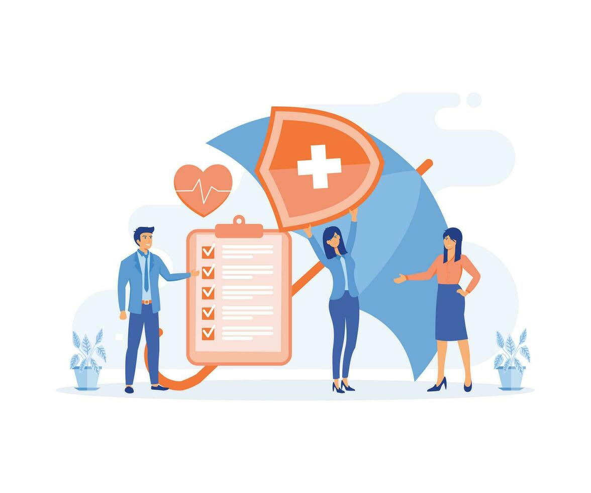 Health insurance concept, Big clipboard with document on it under the umbrella. Healthcare, finance and medical service.  flat vector modern illustration