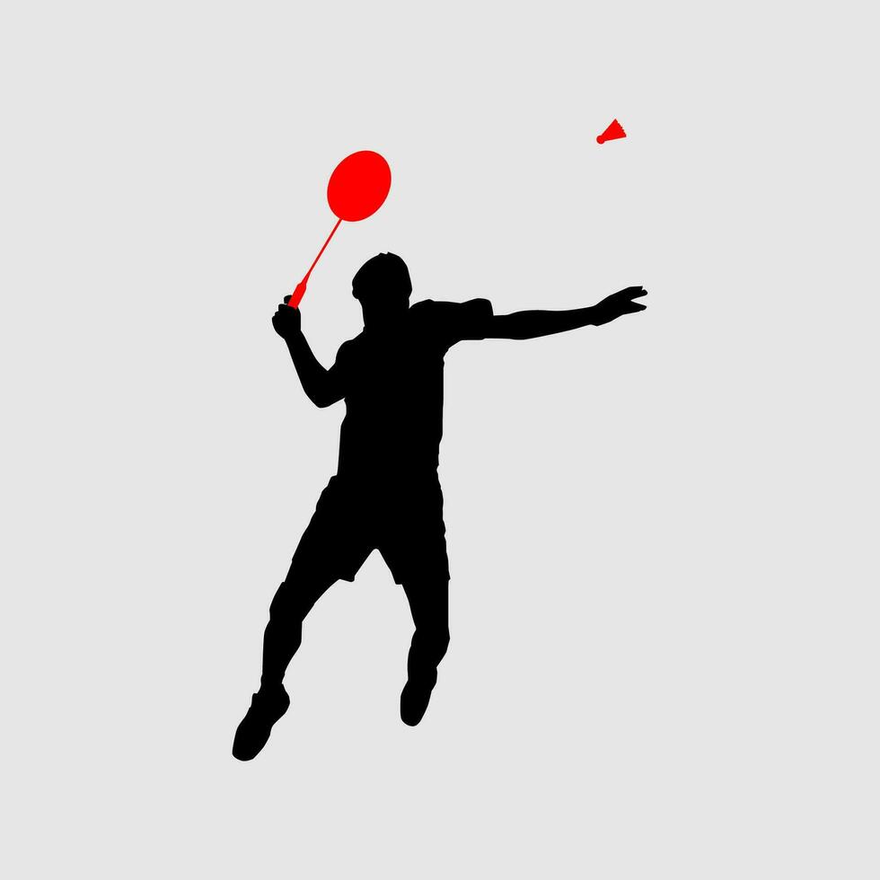 High details of badminton player silhouette. Minimal symbol and logo of sport. Fit for element design, background, banner, backdrop, cover, logotype. Isolated on black background. Vector Eps 10