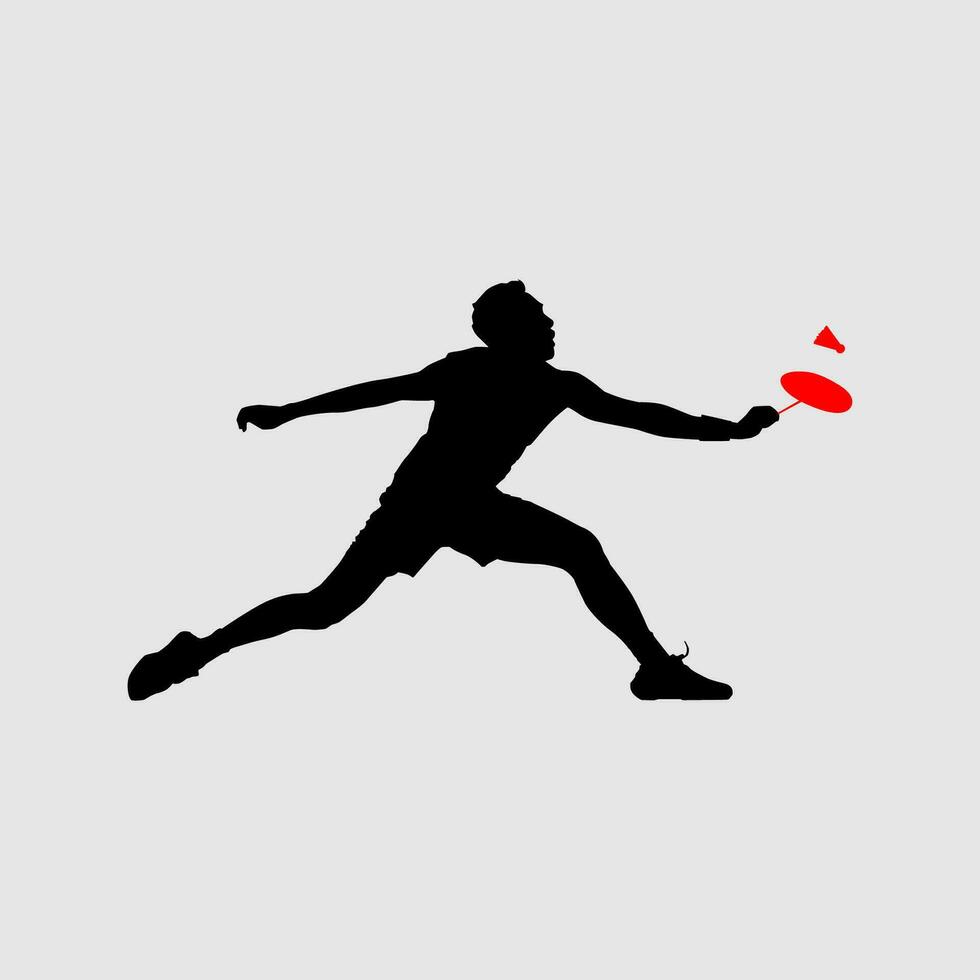 High details of badminton player silhouette. Minimal symbol and logo of sport. Fit for element design, background, banner, backdrop, cover, logotype. Isolated on black background. Vector Eps 10