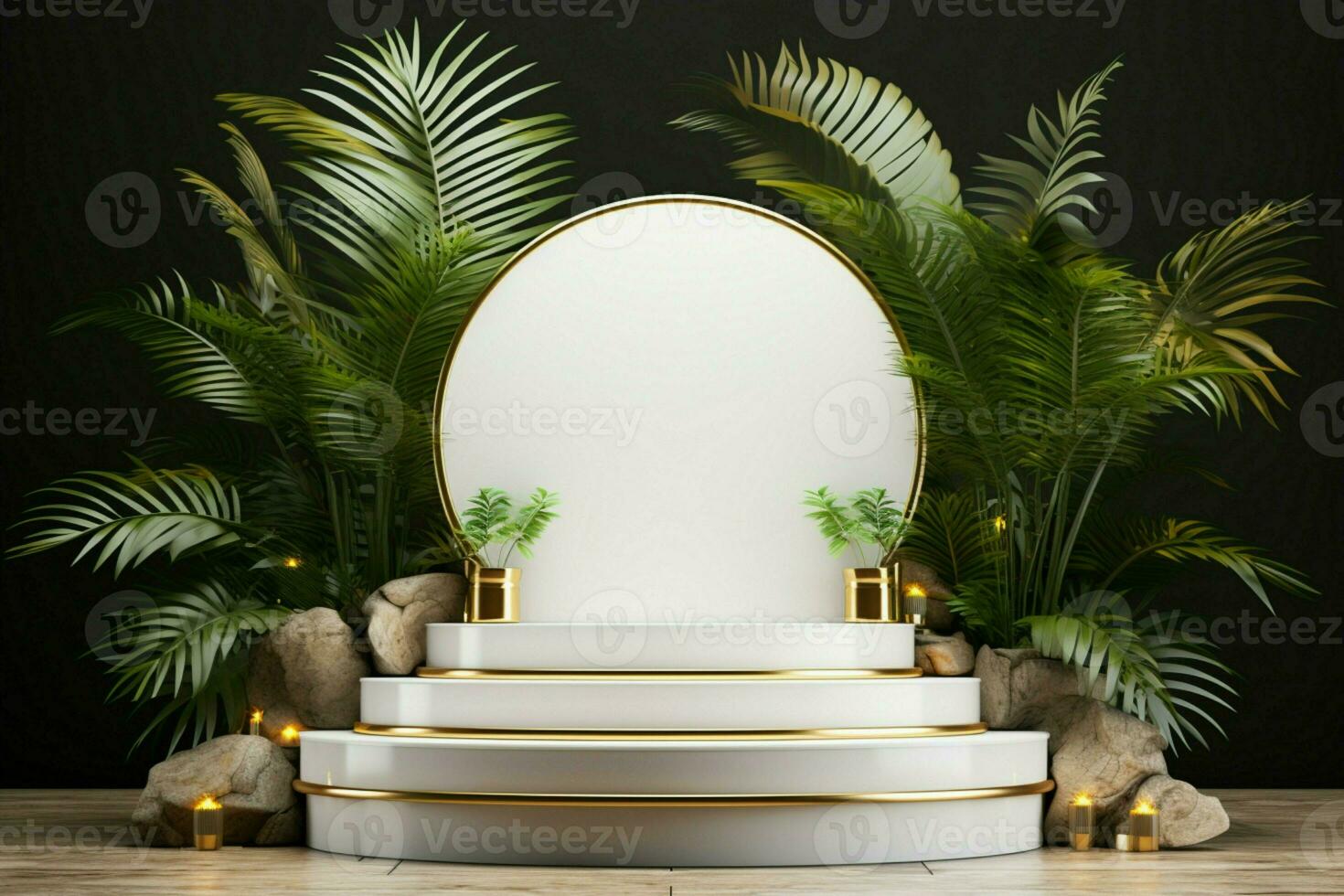 Product spotlight 3D white gold podium mockup, enhanced by palm leaves decoration AI Generated photo