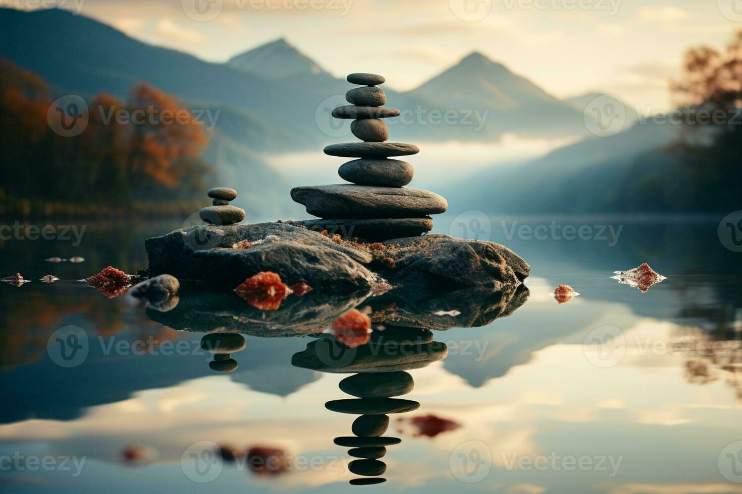 Serene Zen landscape, stone equilibrium, spiritual haven, peaceful