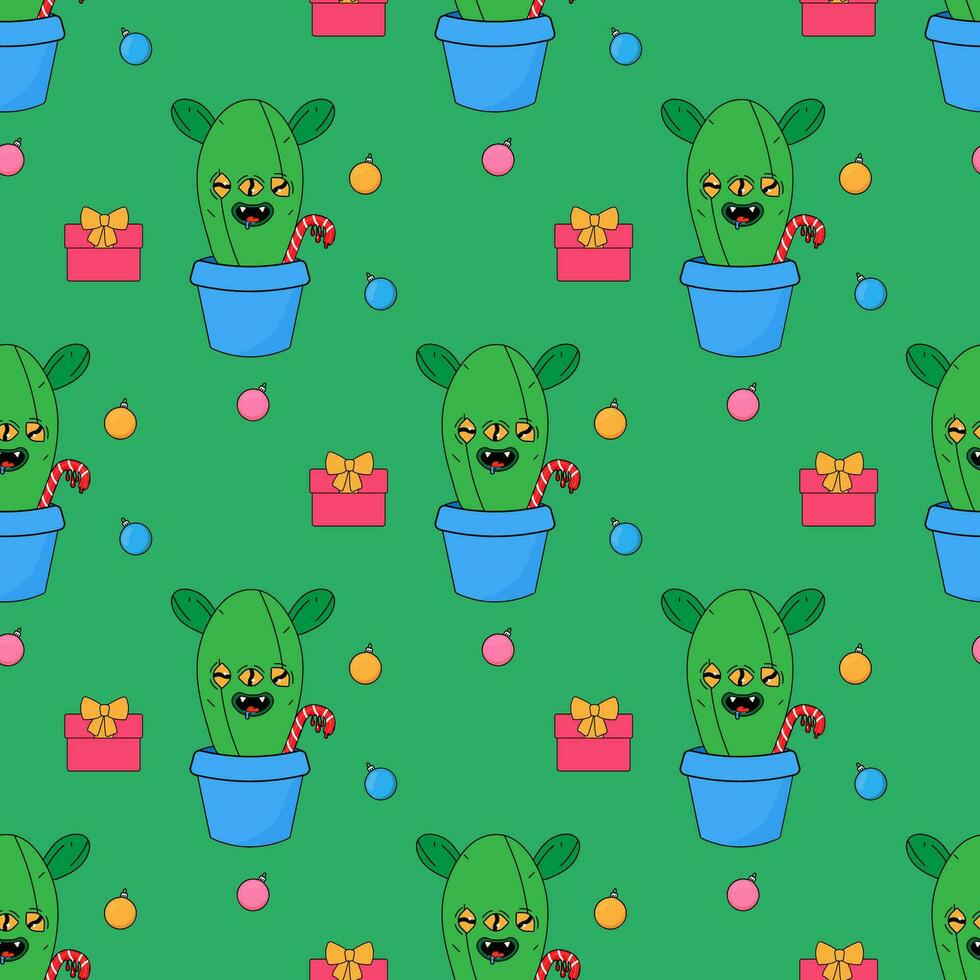 Christmas cactus eco tree. In psychedelic groovy style. vector