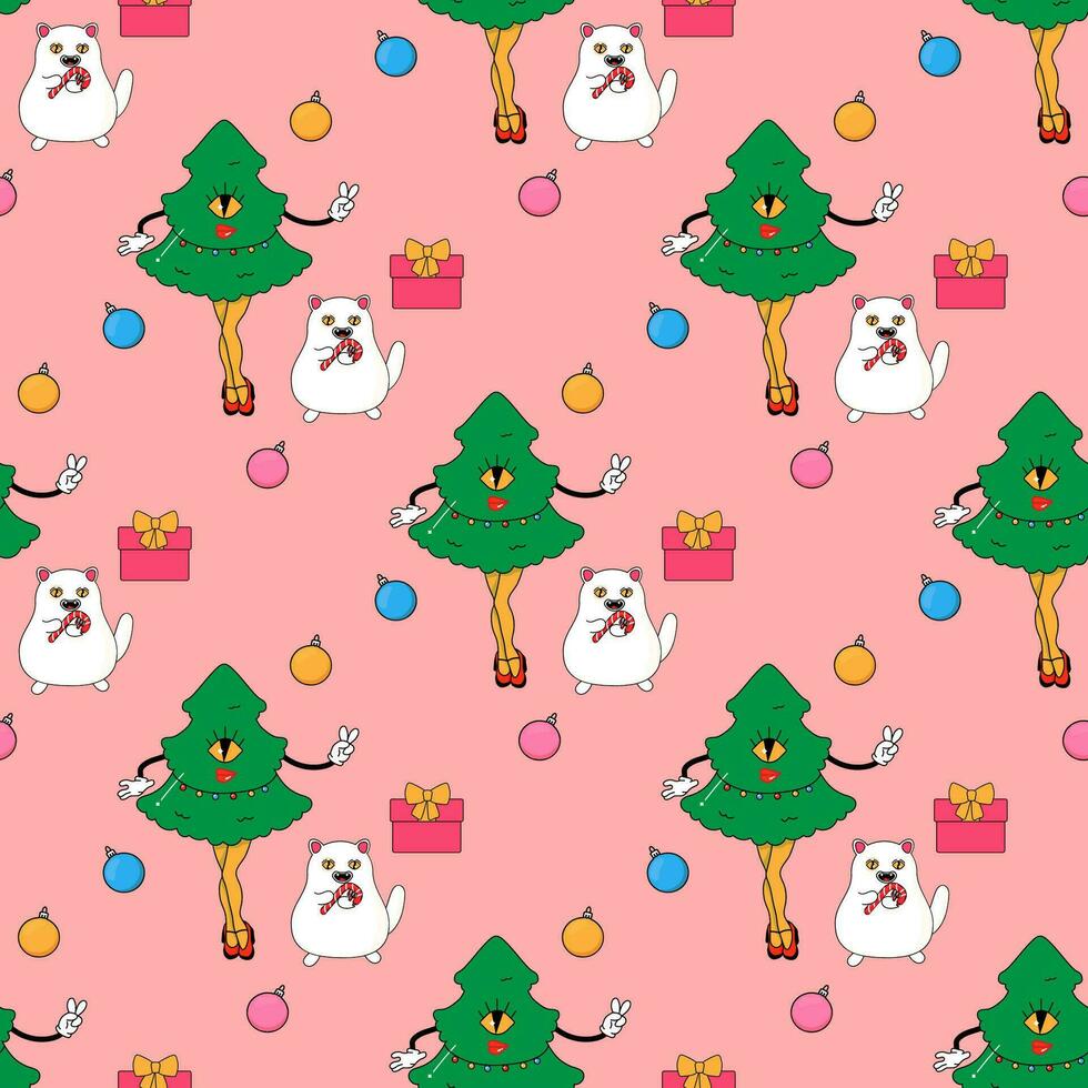 Cat and Christmas tree, eco cactus new year. vector