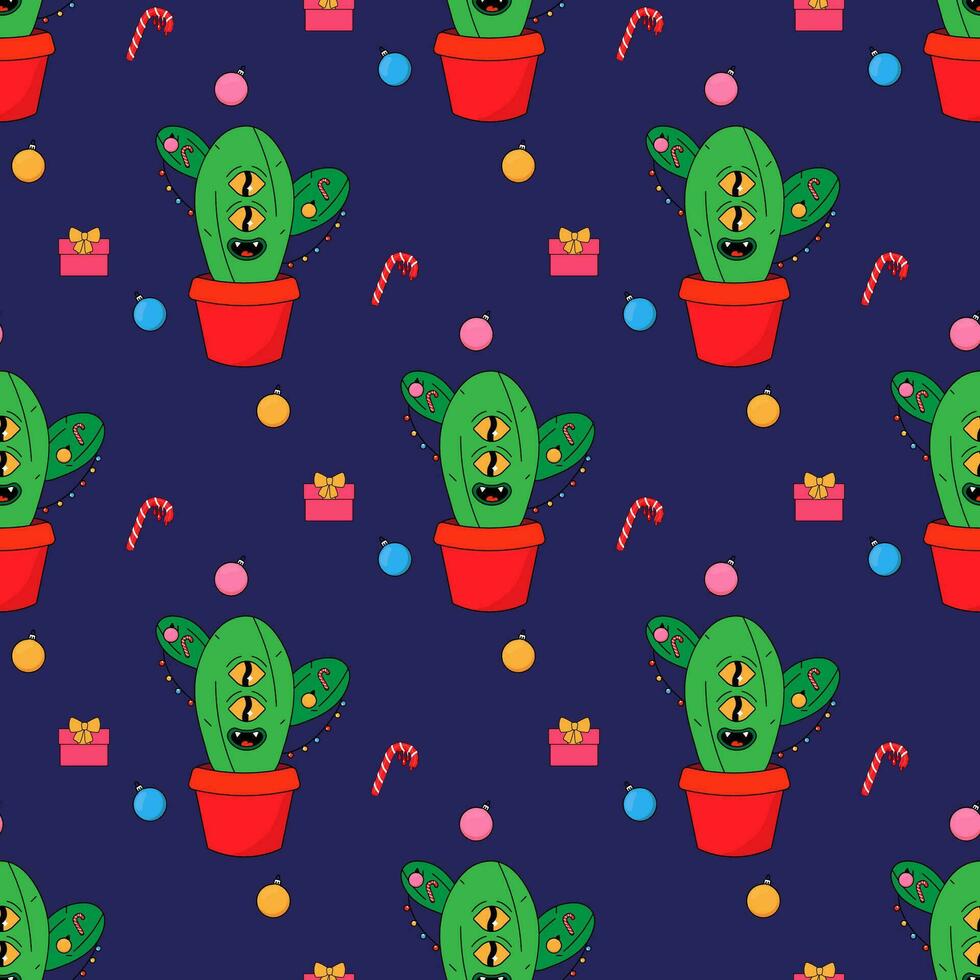 Christmas cactus eco tree. In psychedelic groovy style. vector