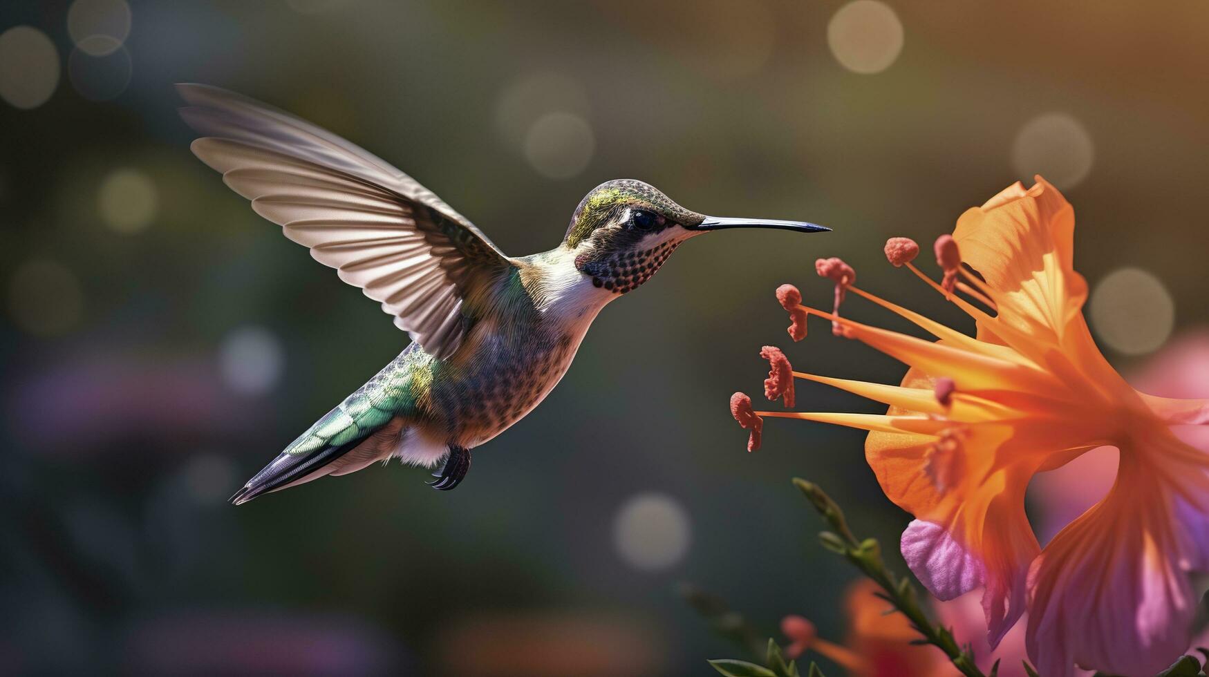 Hummingbird flying to pick up nectar from a beautiful flower. Digital artwork. AI Generative photo