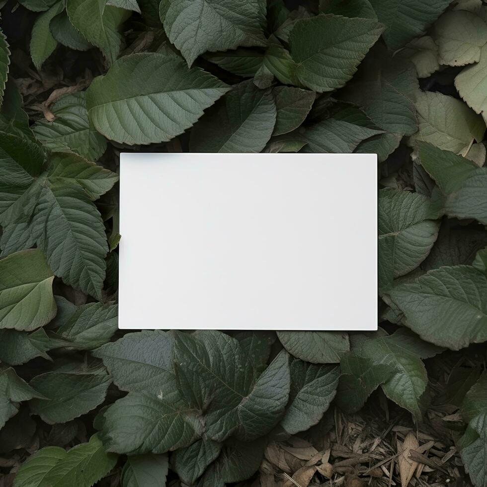 Blank business card on green leaves background. Generative AI photo