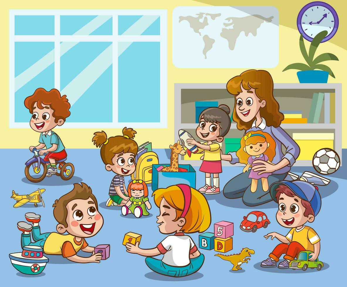 linda pequeño niños jugando con juguetes en preescolar salón de clases vector