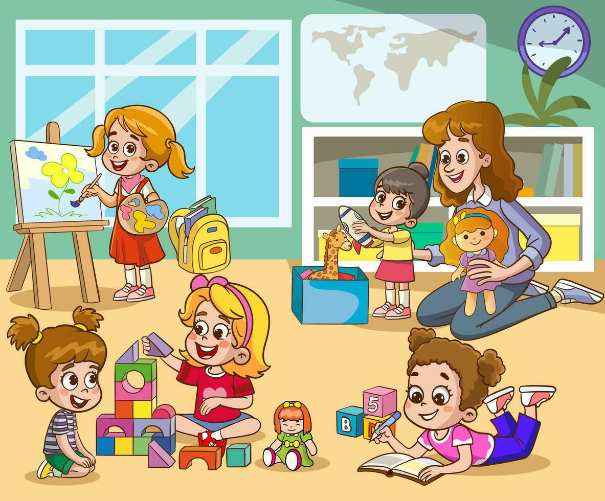 cute little kids playing with toys in preschool classroom vector