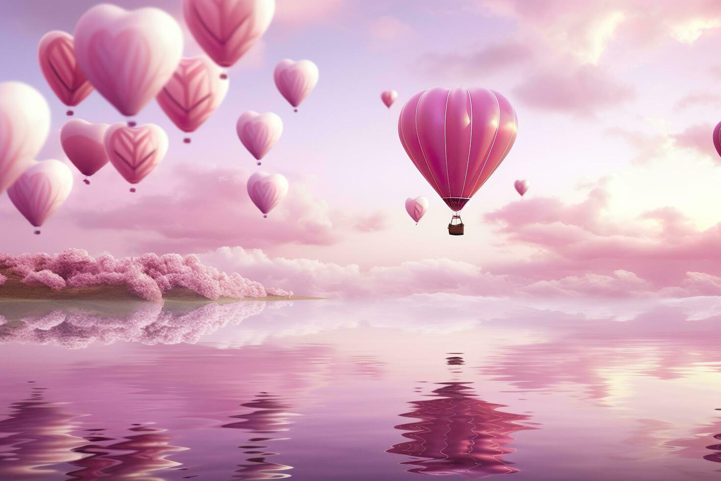 Bright pink ethereal cloudy landscape, hearts, roses, balloons, and wedding concept. Generative AI photo