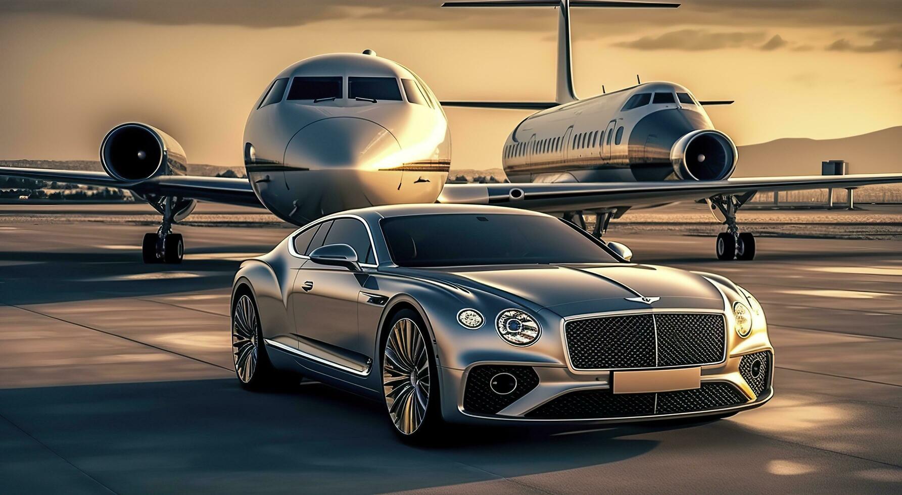 Super car and private jet on landing strip. Business class service at the airport. Business class transfer. Airport shuttle, AI Generative photo