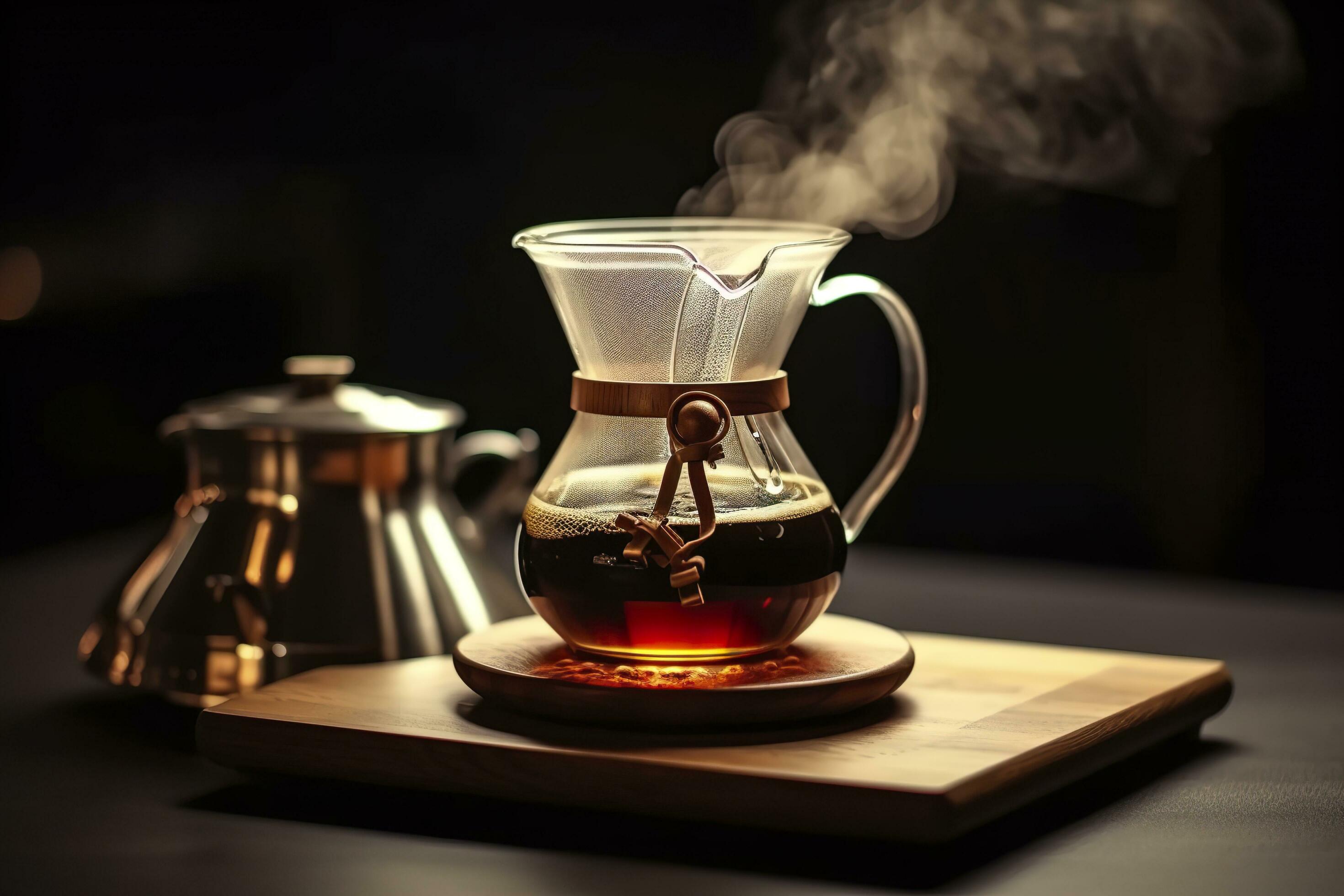 An alternative coffee brewing method is pure over, a glass teapot on a