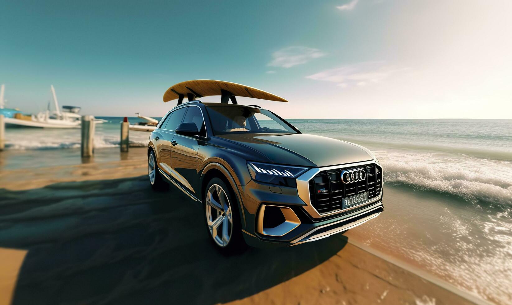 Compact SUV car and modern design on concrete road at the sea of beautiful sunset background , Front view of luxury new SUV car, AI Generative photo