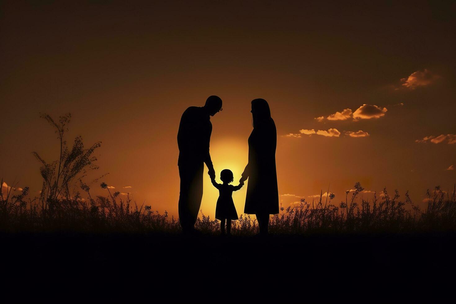 sombra de contento familia juntos, padres con su pequeño bebé a puesta de sol. un silueta de amor y unidad. ai generativo foto