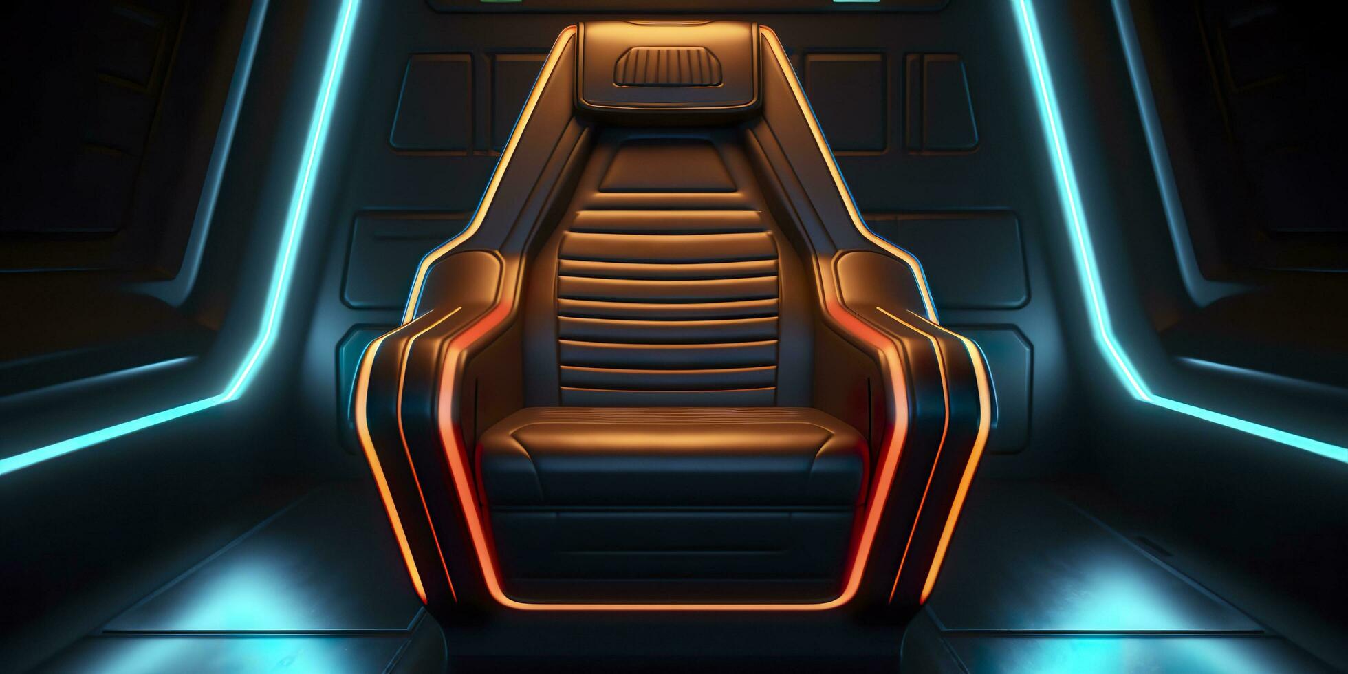 80s Inspired Captain Chair from Star Trek with Neon Lights and Cockpit Interior Background. AI Generative photo