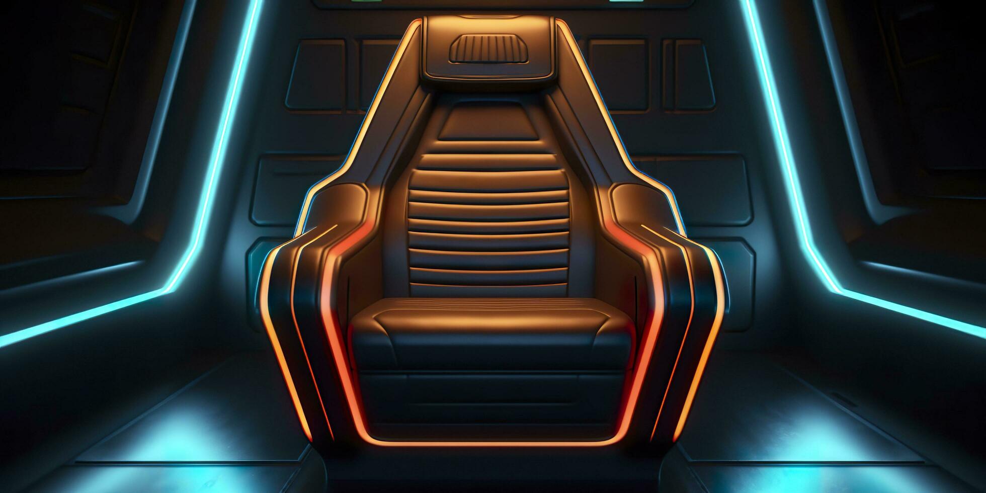 80s Inspired Captain Chair from Star Trek with Neon Lights and Cockpit Interior Background. AI Generative photo