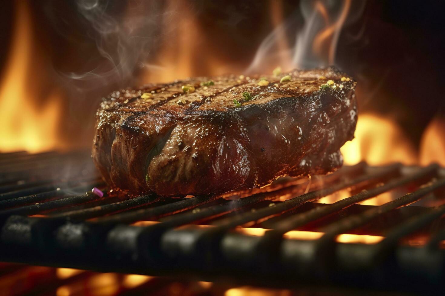 Beef steak on the grill with smoke and flames. AI Generative photo