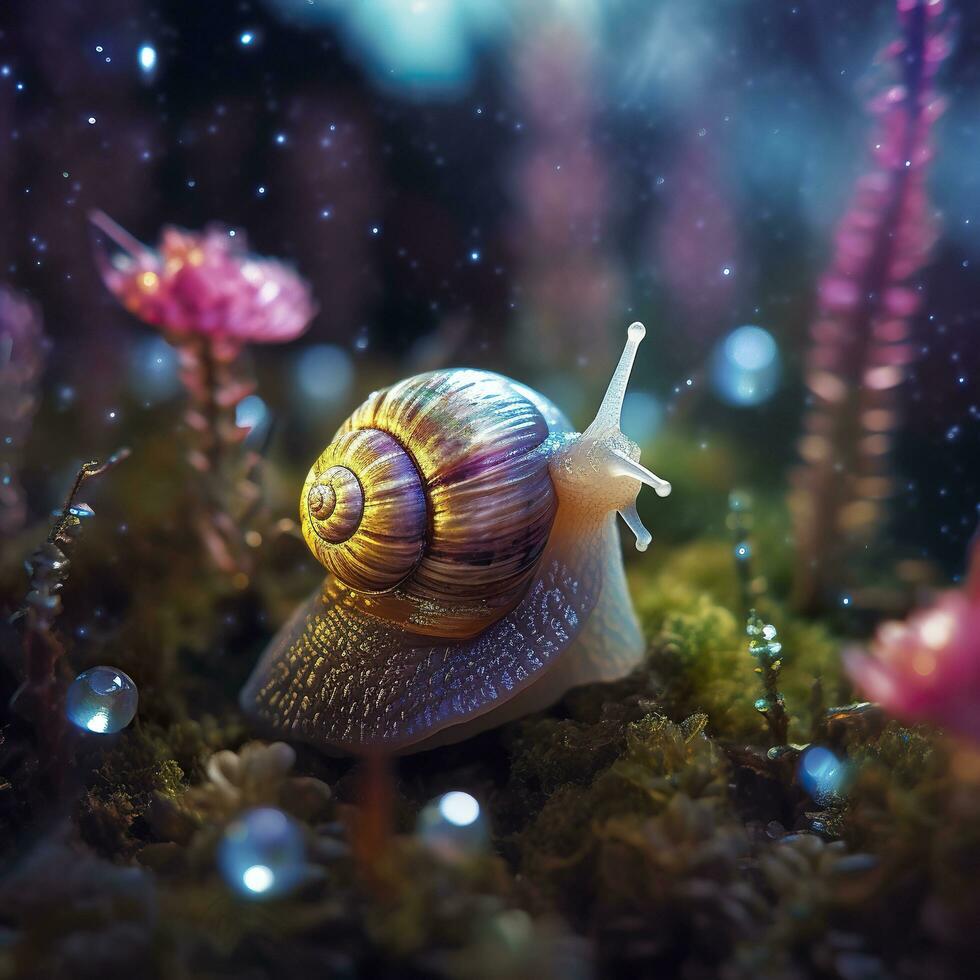 Iridescent Snail in a Fairy Forest, Close Up of a Shimmering Shell. AI Generative photo