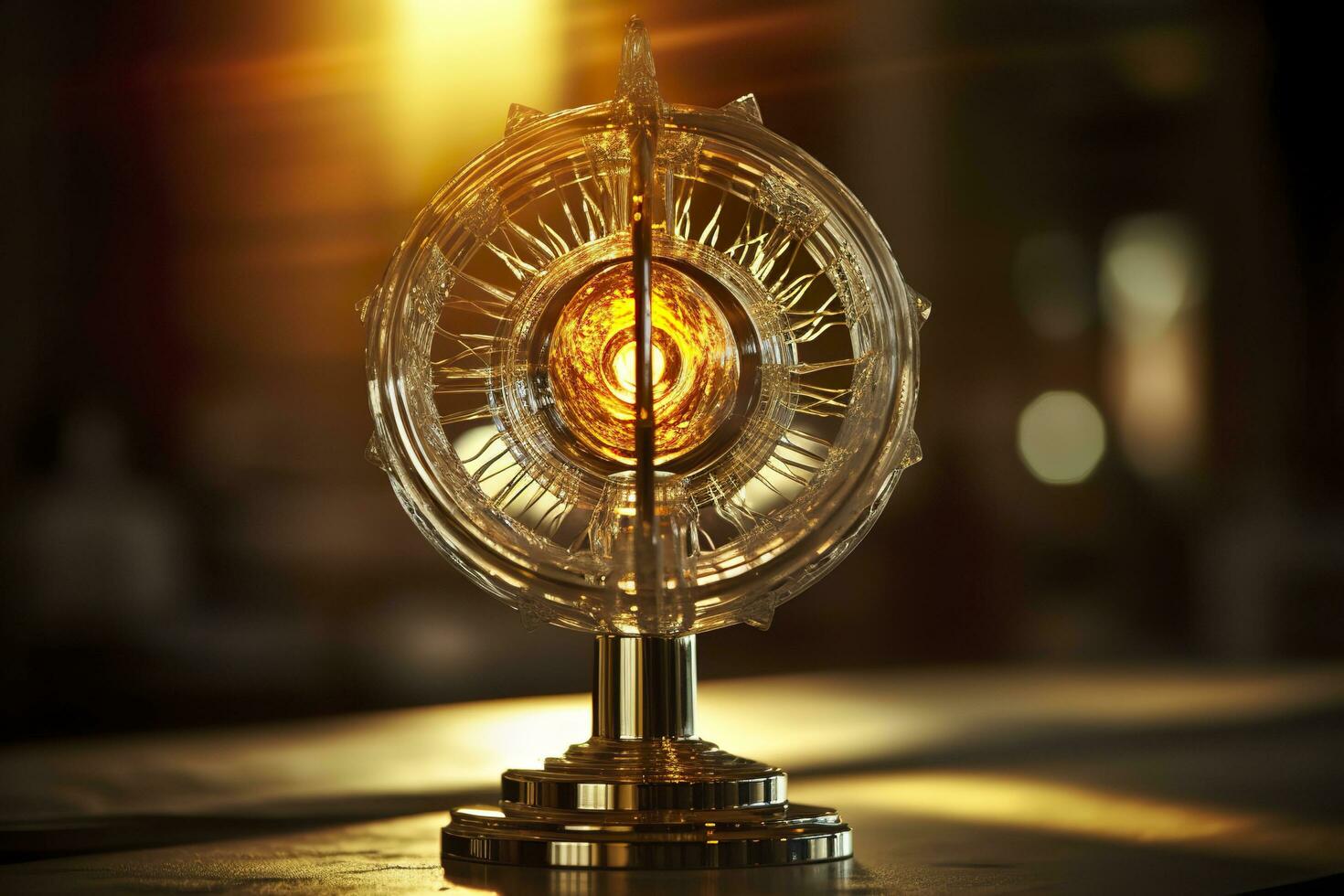 The golden monstrance with a little transparent crystal center, consecrated host. church defocused background. AI Generative photo