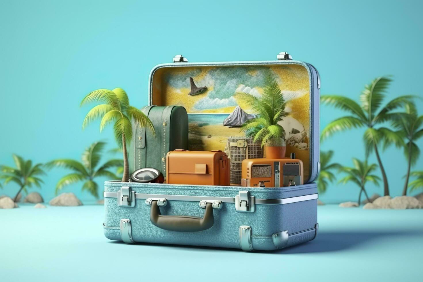 Creative Summer Beach Composition in Suitcase on Blue Background, A Travel Concept Idea in 3D Rendering. AI Generative photo